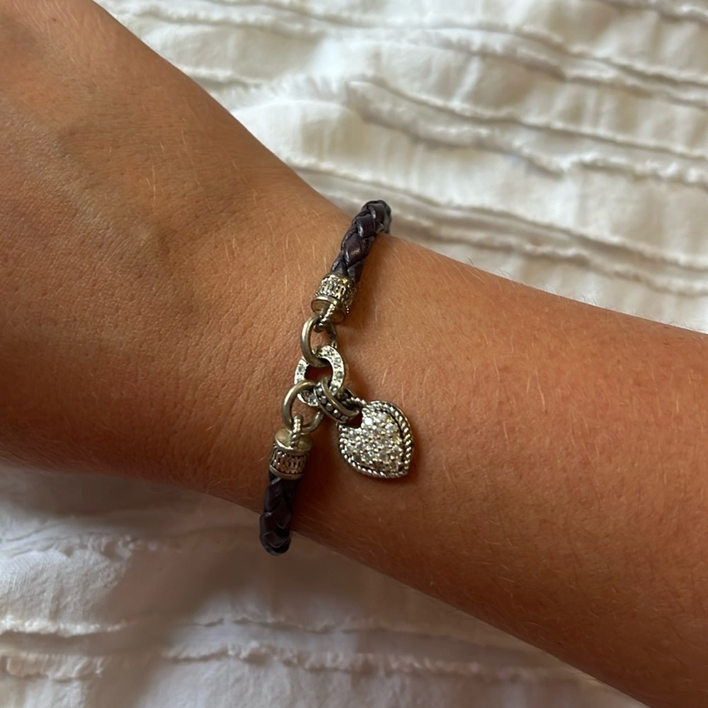 Purple Leather Silver Heart Bracelet